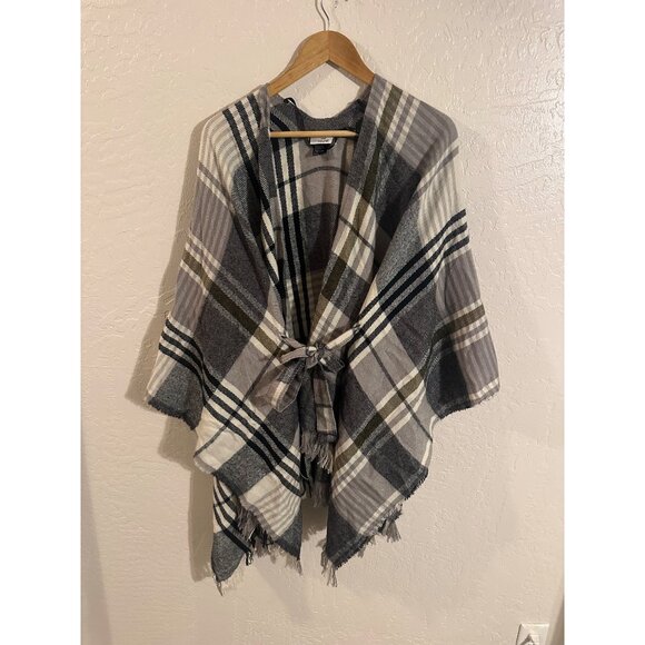 David & Young Plaid Belted Poncho Wrap Fall Sweater - Picture 1 of 11